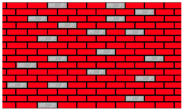 The image shows a red brick wall with white lines on it that resemble musical notes.