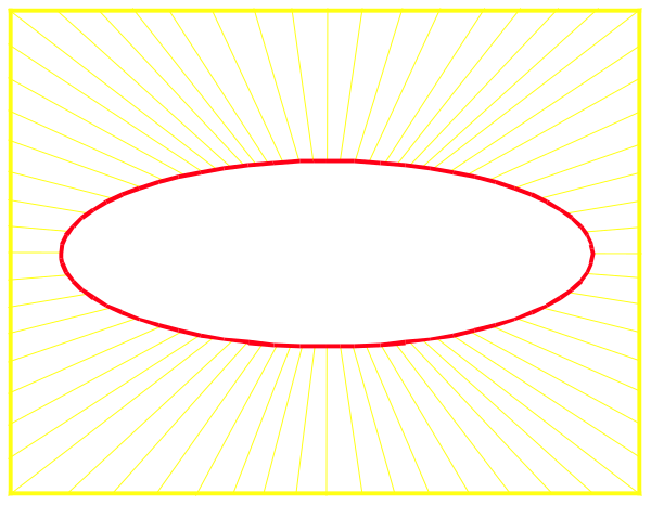 The image shows a simple black and white graphic with two overlapping circles containing red shapes resembling eyes; between them is an oval shape that could be interpreted as either a target or bullseye pattern, which has rays emanating from it in various directions creating lines of sight across the background.