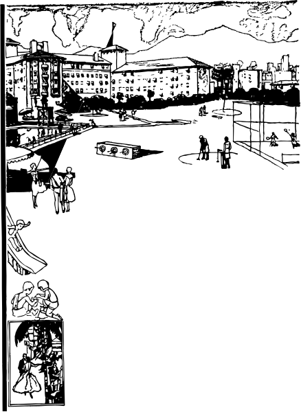 The black and white photo shows a cityscape at night with buildings on both sides of an empty street where several silhouettes can be seen walking along one side.