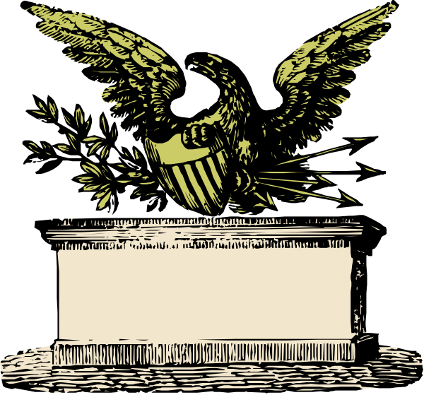 The black and white illustration features a winged eagle perched on top of an American flag that is draping over what appears to be a pedestal with columns at its base.