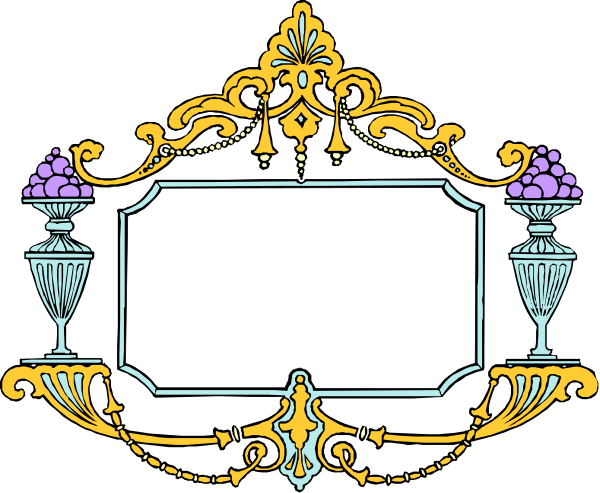 The black and white illustration features a decorative frame with an open space for text at its center, flanked by two vases filled with flowers on either side; above it is an elaborate design resembling classical architecture elements such as columns and arches.