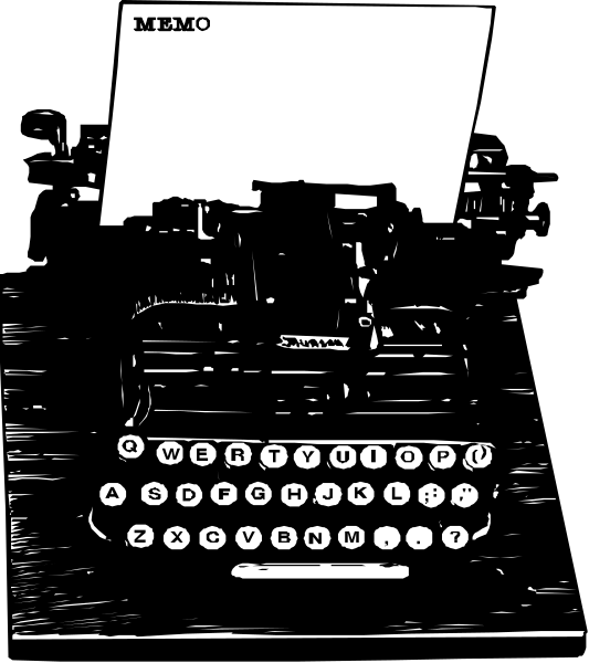 The black and white photo shows a typewriter with its keys visible against an indistinct background that appears to be darkened for contrast.