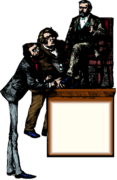 The image shows a black and white illustration of three men standing around an easel with papers on it; two appear to be in conversation while one is seated atop another man's shoulders who stands behind them, all set against a backdrop that suggests a formal or academic setting like a lecture hall.