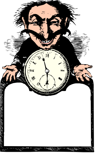 The image shows a cartoon of an evil clown holding up a sign with "For Sale" written on it over his head while standing in front of a clock that reads 12:05 pm, and there is another smaller figure looking at him from behind. In the background, you can see what appears to be a dark room or setting. The overall style suggests this could be an illustration for something like a horror-themed game or storyline. There are no other objects in sight that I am able to identify with certainty based on your description of "specific and concrete