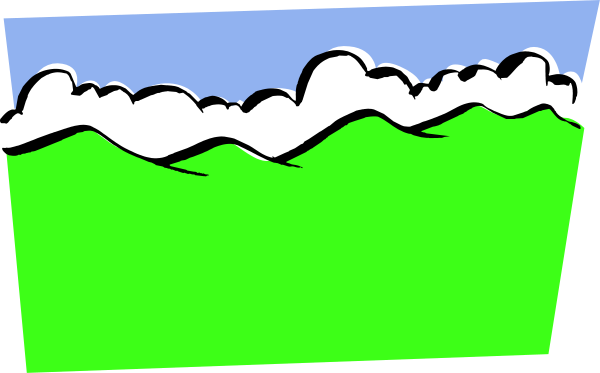 The image shows a stylized landscape with rolling hills under an open sky, featuring green fields on either side of what appears to be a road leading towards mountains in the distance.