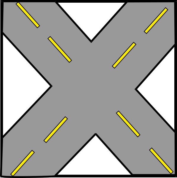 The image shows a black and white illustration of an intersection with two roads crossing at right angles; there is no text present in this clip-art piece.