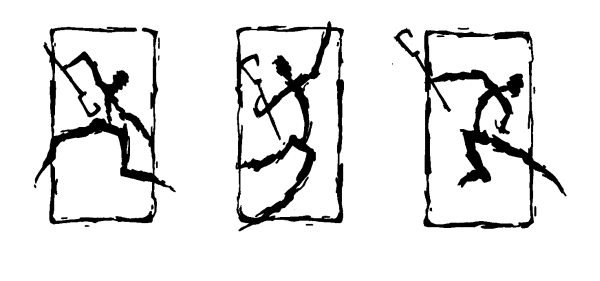 The image shows a black and white illustration of three stick figures engaged in different activities: running on tiptoes with arms outstretched (top left), jumping over an obstacle while holding onto it for support, and swinging at something like a punch or kickboxer stance.
