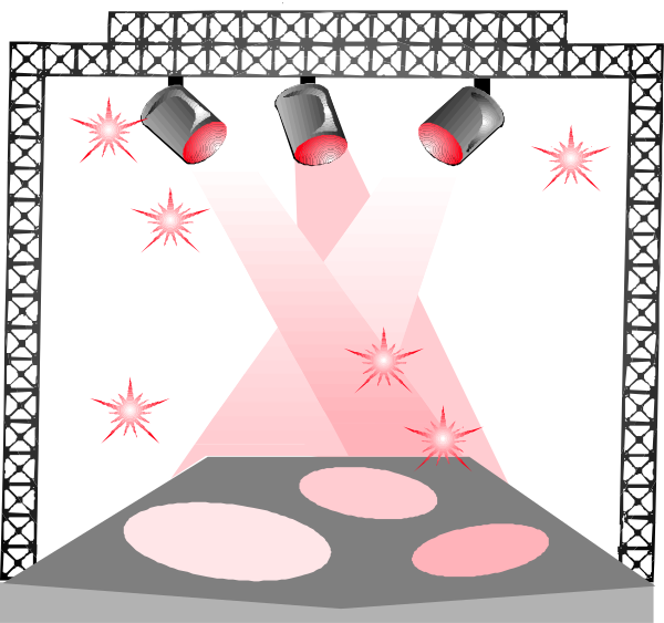 The image shows a stage with lights on it, spotlights pointing towards an audience area where there is confetti falling down from above; in front of this scene stands a podium illuminated by red light beams and surrounded by white lines that create a starburst effect around the speaker's platform.