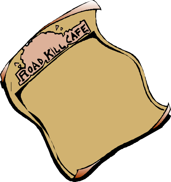 The image shows a black and white illustration of two signs with text on them placed against different backgrounds: "Road Kill Cafe" in one sign and an empty space for another to be filled out, both set within what appears to be a stylized map or roadmap graphic element.