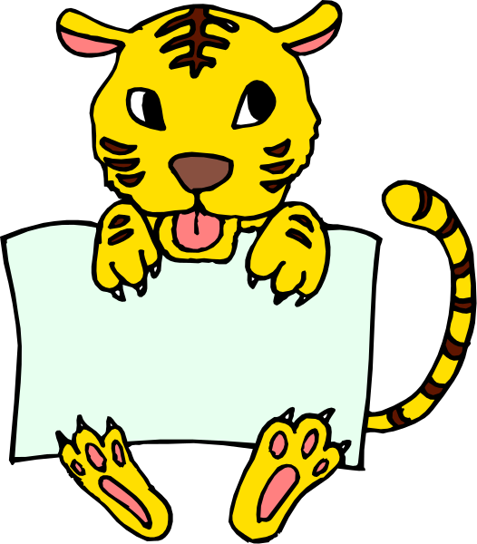 The cartoon depicts a tiger cub sitting on top of an open book with its paws resting atop it as if reading from it.