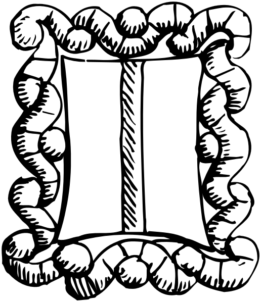 The black and white illustration shows a shield with intricate designs on it hanging above an open book that is lying flat in front of two crossed swords pointing upwards from either side of the page.