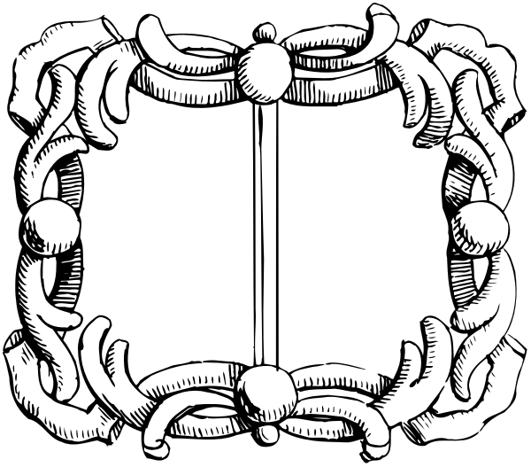 The black and white illustration shows a decorative border with intricate designs featuring what appears to be stylized leaves and possibly other organic shapes surrounding an empty rectangular space in the center of it all.