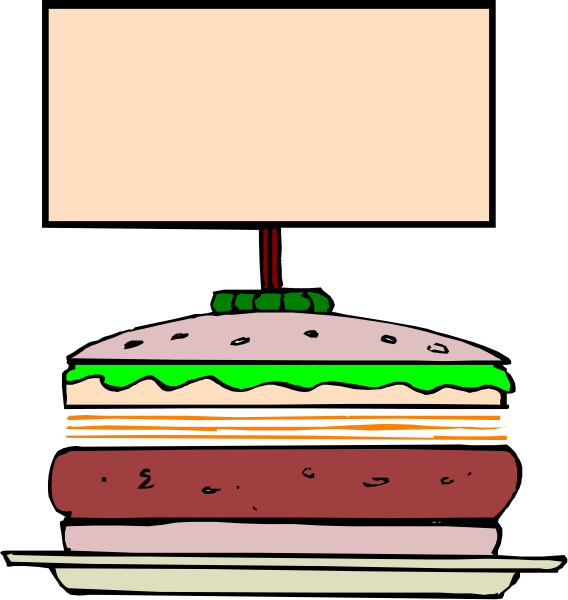 The image shows a cartoon of an oversized sandwich with various layers on top of each other placed next to what appears to be a signboard in front of it.