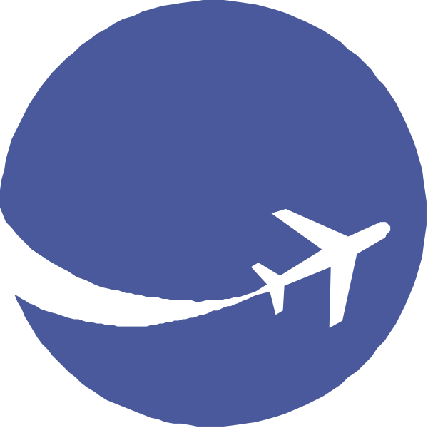 The logo features a stylized depiction of an airplane with wings on either side flying over two globes representing continents connected by lines that suggest flight paths between them.