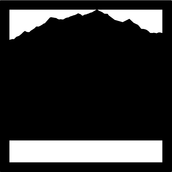 The black silhouette of a mountain range with two peaks against an empty sky background.