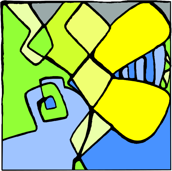 The image shows a colorful abstract design with geometric shapes that resemble an urban landscape at nighttime.