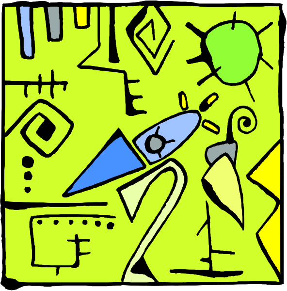 The image shows a colorful abstract design with various geometric shapes such as circles, triangles, squares, lines, and dots in different sizes and orientations against a yellow background. There is no text present on this clip-art image.