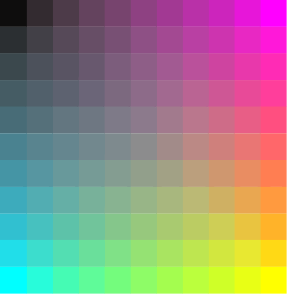 The image shows a colorful palette with various shades of blue, purple, pink, yellow, green, orange, red, white, black, gray, brown, beige, cream colored squares arranged in rows and columns against a dark background.