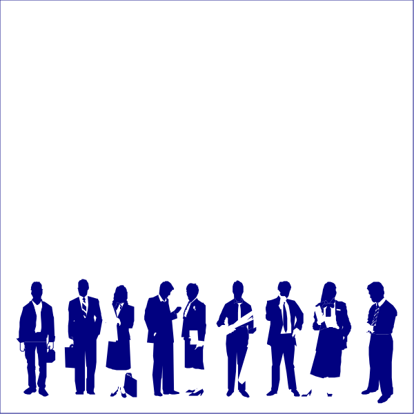 The image shows a black and white silhouette of several business professionals standing together on what appears to be an escalator in a public building with one person looking upwards towards something out of frame.