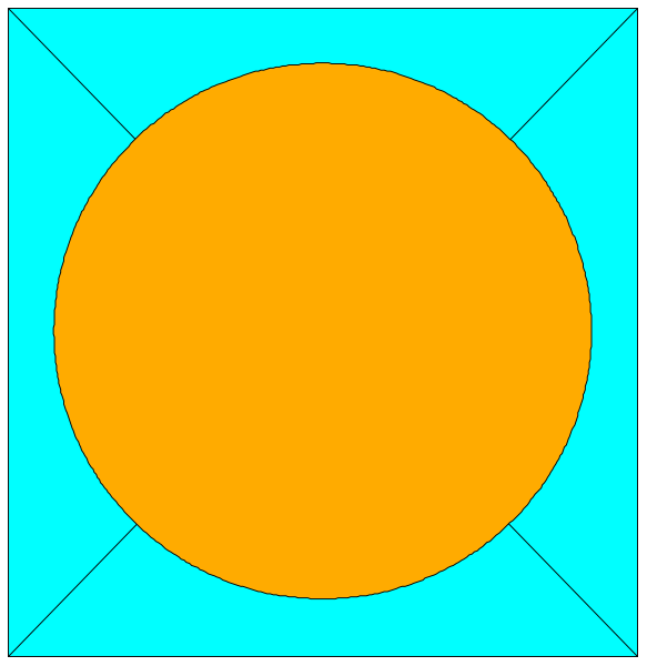 The image shows a simple geometric figure resembling an orange circle with two smaller circles inside it on top of what appears to be blue backgrounds in each corner.