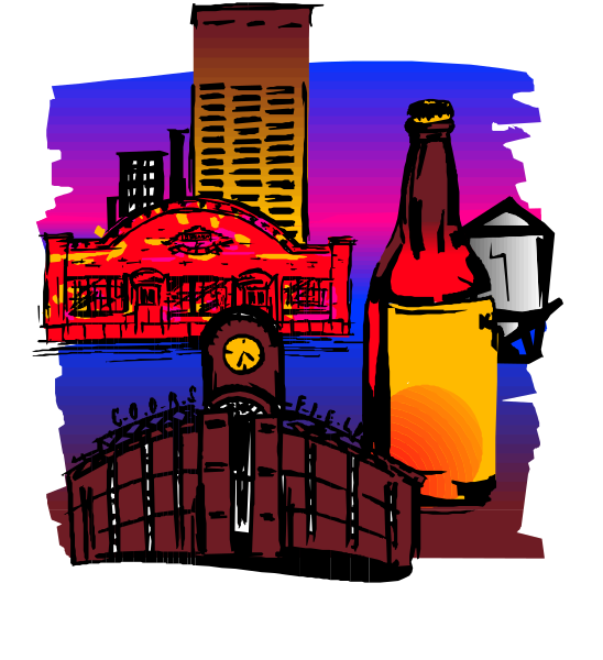 The illustration depicts a city skyline with an arena stadium at nighttime featuring colorful lights against a dark background; there is also a beer bottle in front of it on what appears to be a bridge, and other elements like buildings and possibly some people or vehicles that suggest urban life are present.