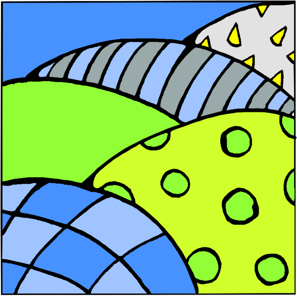The image shows a colorful cartoon of an abstract landscape with rolling hills covered by green grass dotted with yellow flowers under blue sky filled with white clouds; there is no text present in this clip-art illustration.