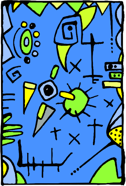 The image shows a colorful abstract design with various shapes and patterns that resemble an underwater scene filled with different elements such as fish, plants, bubbles, rocks, and other decorative items in shades of blue, green, yellow, red, white, black, gray, brown, orange.