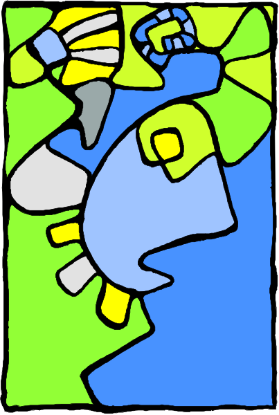 The image shows a colorful abstract design with various shapes that resemble an animal's head on top of what appears to be stylized leaves in shades of blue, green, yellow, red, white and black against a light background.