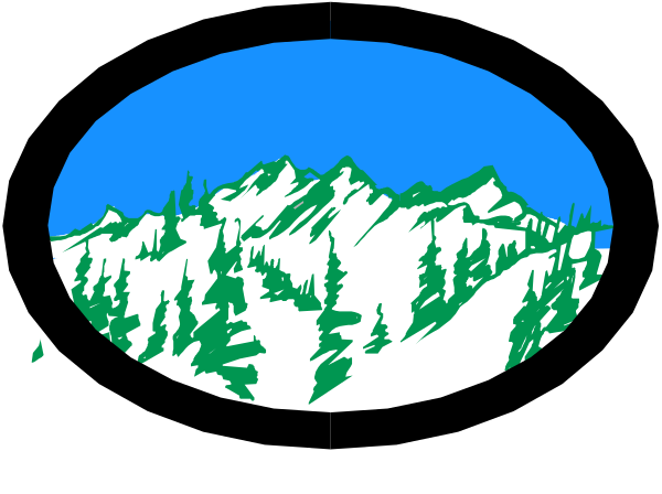 The image shows a stylized mountain range with trees on either side of it against an evening sky background.