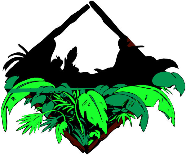 The image shows a cartoon depiction of tropical plants with green leaves against a black background.