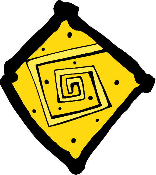 The image shows a simple black and white line drawing of an abstract design with swirls resembling a shield-like shape in its center.
