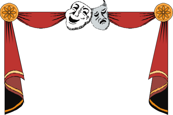The image shows a black curtain with red borders on either side, adorned by gold tassels at each corner; in front of it is an orange stage light that casts shadows to its left.