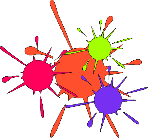The image shows a colorful explosion of paint splatters against a black background with no discernible shapes other than circles in various sizes and shades of red, yellow, green, blue, purple, pink, orange, white, gray, brown, beige, cream cheese, mustard, ketchup, relish, mayonnaise, iceberg lettuce, tomato sauce.