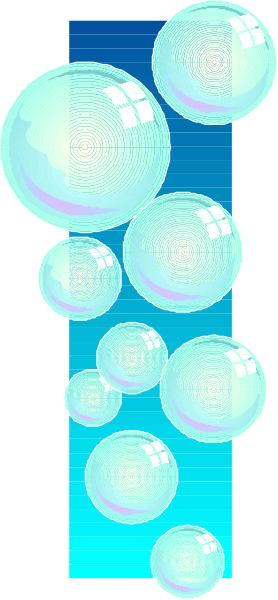The image shows a collection of soap bubbles floating near each other against a blue background with white borders on either side.