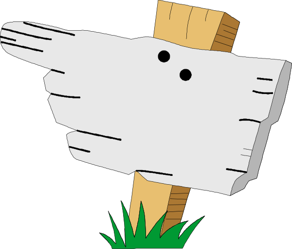 The image shows a cartoon of an animated signpost with two signs on it: atop is a white cross-shaped object that resembles a ghostly figure; below this is another wooden post featuring what appears to be a broken piece, suggesting damage or decay.