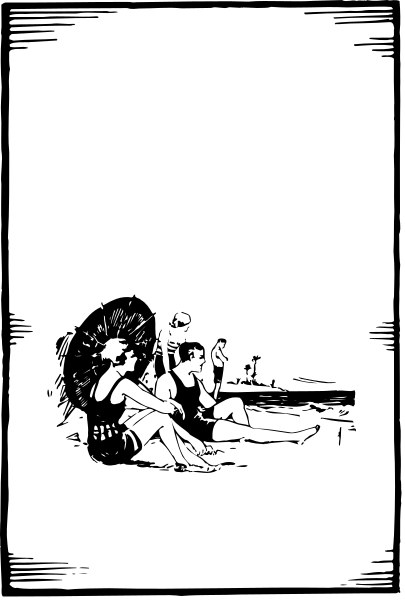 The black and white illustration shows a beach scene with two individuals sitting on sandy ground under an umbrella; there is also another person standing in front of them near water's edge holding what appears to be a surfboard, suggesting leisure activities at this location.