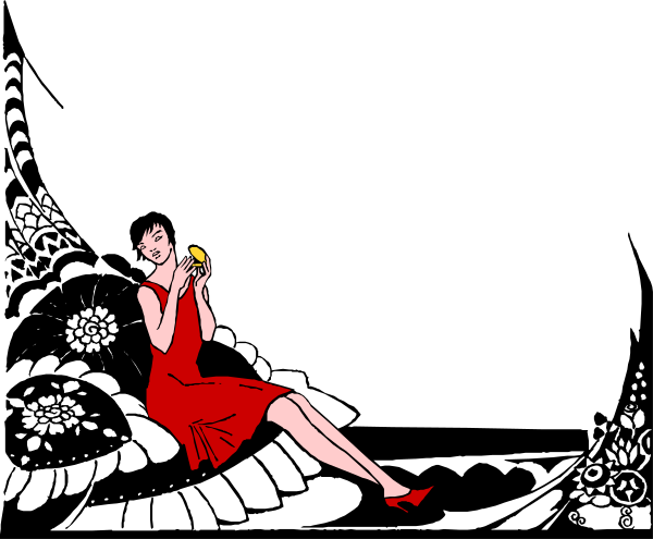 The black and white illustration features a woman sitting on an object that resembles a bench with her legs crossed over it while holding what appears to be a flower in one hand; she is looking down at something out of frame, possibly another person's face or hands.