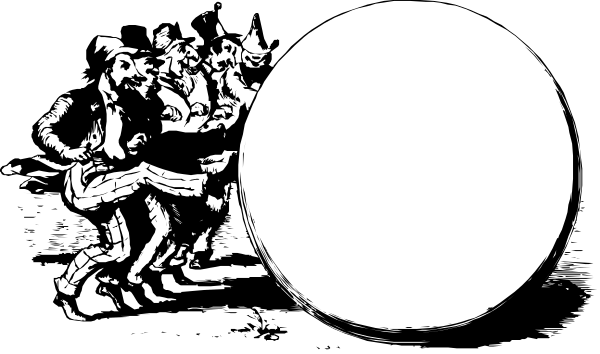 The black and white illustration shows a group of figures with exaggerated features engaged in what appears to be an activity around a large circle; it's unclear if this is meant to represent people playing basketball, as there seems no hoop visible within the image provided.
