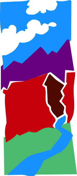 The image shows a colorful cartoon of an outdoor scene with mountains, trees, rivers, clouds, sky, grassy areas in various shades of green, blue water under bridges, red roofs on buildings and houses, brown dirt paths, purple flowers near riverbanks, white snow-capped mountain peaks.