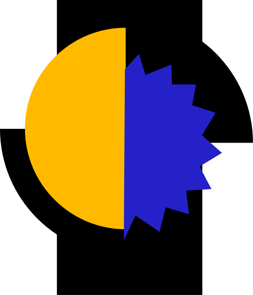 The image shows a simple graphic of an orange crescent moon on top of what appears to be blue sky with clouds in front of it against a gray background.