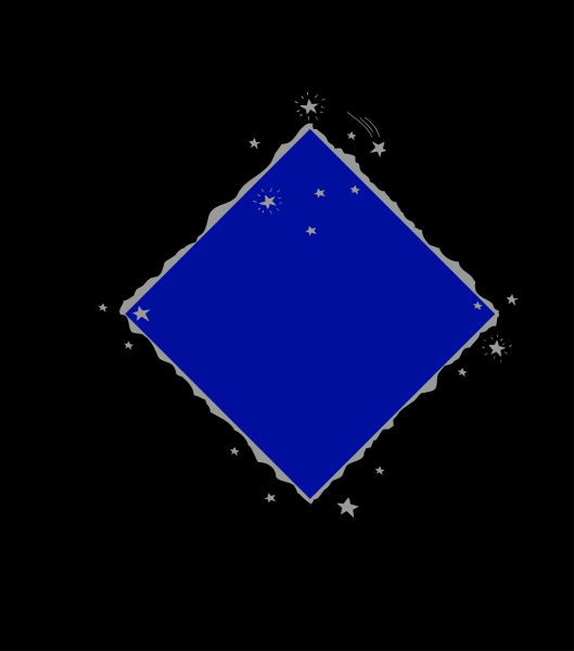 The image shows a blue diamond shape with white stars around it on top of black background.