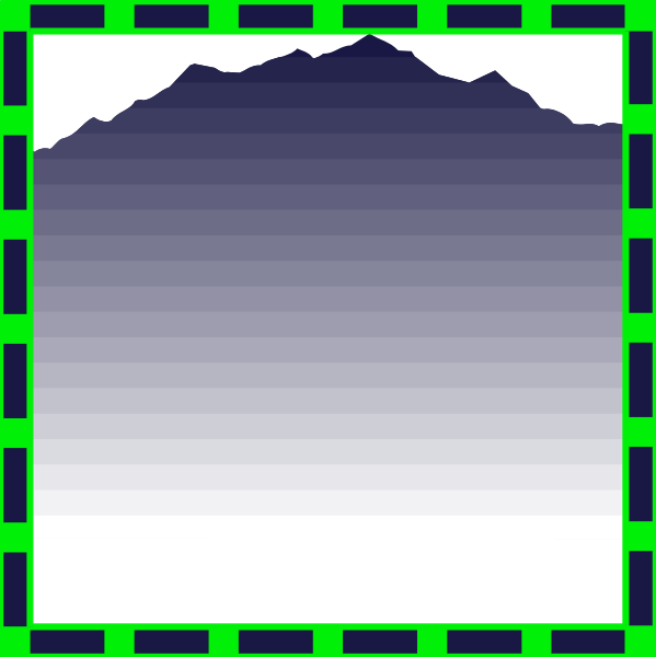 The image shows a pixelated representation of an ocean scene with waves crashing against rocks on either side under a blue sky background within a green border frame.