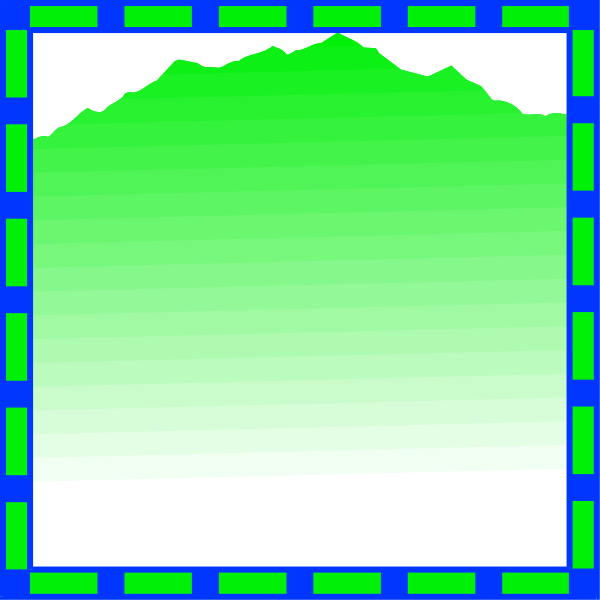 The image shows a pixelated representation of an outdoor scene with mountains on either side under blue skies, framed by green borders within what appears to be a window frame against a white background.
