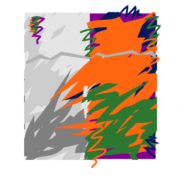 The image shows a colorful abstract design with various shapes that resemble trees against an orange background on top of what appears to be snow-covered ground in shades of purple and blue at bottom.