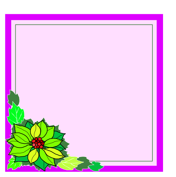 The image shows two square frames with a Christmas theme: on top left frame is an empty space decorated at its corners by holly leaves; bottom right has a similar design but includes red berries in addition to green foliage and white poinsettias, all set against purple backgrounds.