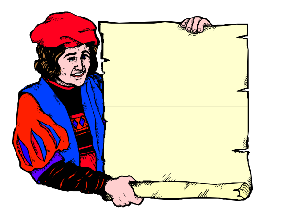The illustration shows a person dressed as Shakespeare holding up an open scroll with blank pages against their chest while standing on stage in front of microphone stands.