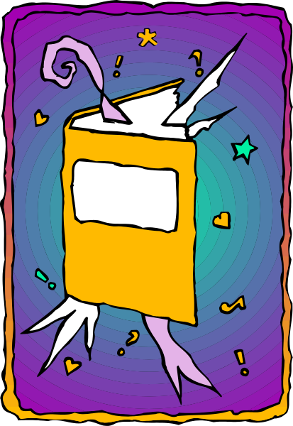 The image shows a colorful illustration of an open book with stars around it on a purple background.