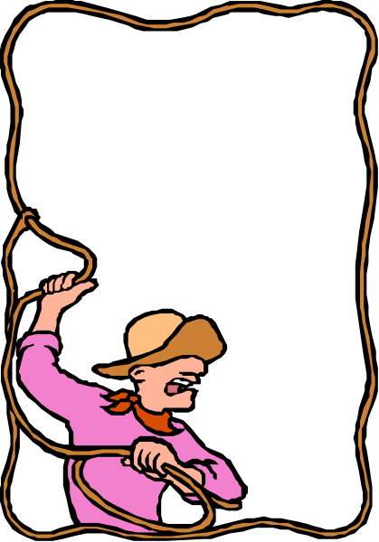 The illustration depicts a cartoon cowboy holding onto a rope with his left hand while standing on top of it in an exaggerated pose; he is wearing a pink shirt under a brown vest over blue jeans, and has spurs around one foot.
