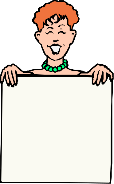 The image shows a cartoon of an older woman with red hair holding up a blank sign while standing on what appears to be a stage in front of microphone stands; she is wearing glasses and has her mouth open as if speaking, but no text can be seen within the frame provided by this clip-art.
