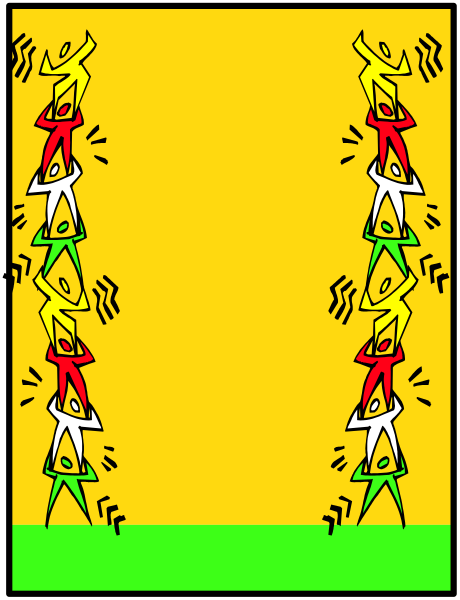 The image shows a group of colorful stick figure characters performing acrobatics on top of each other against a yellow background with black outlines.